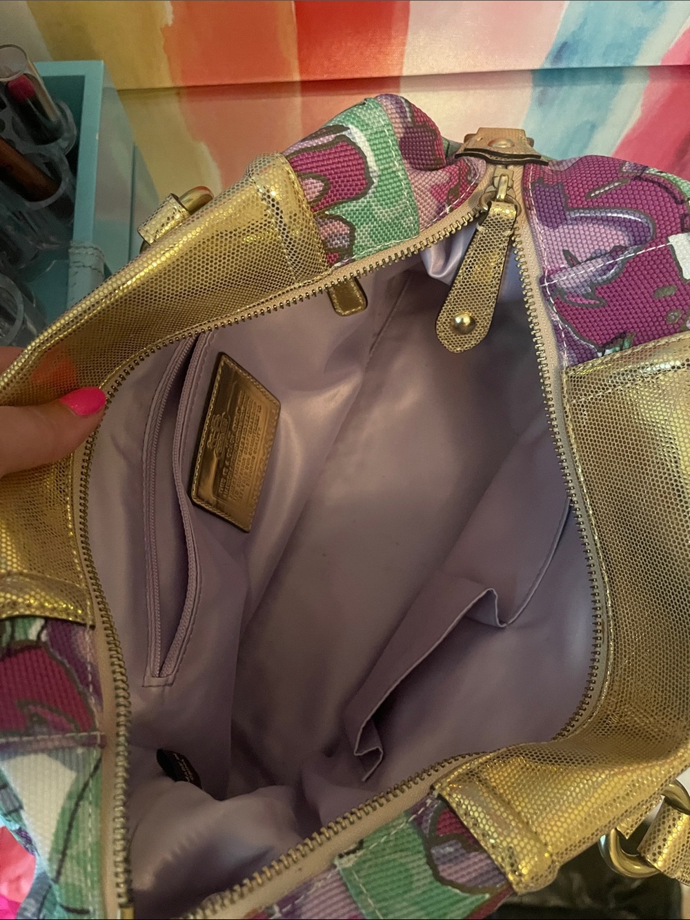 Coach Floral Canvas Satchel with Gold Leather Trim - Picture 6 of 10